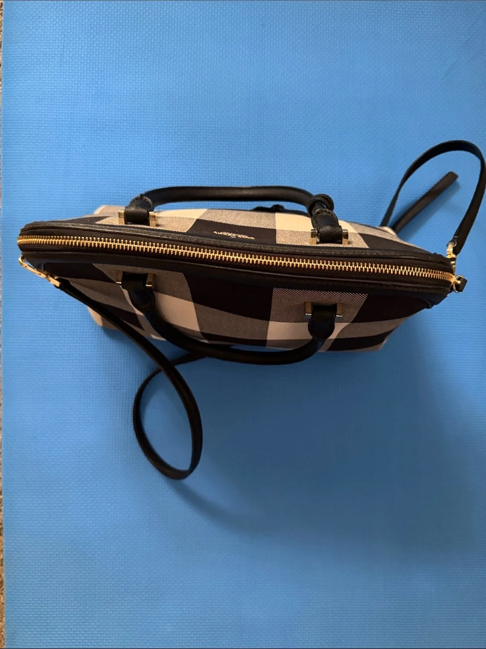 kate spade Black and Cream Plaid Dome Satchel with Crossbody Strap